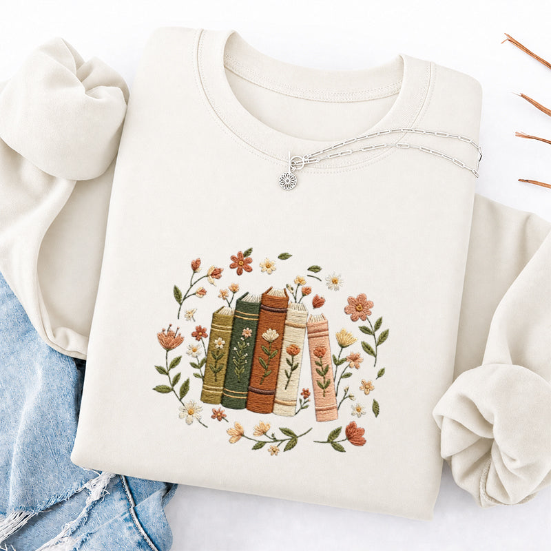 Embroidered Floral Book Stack Classic Crewneck Sweatshirt