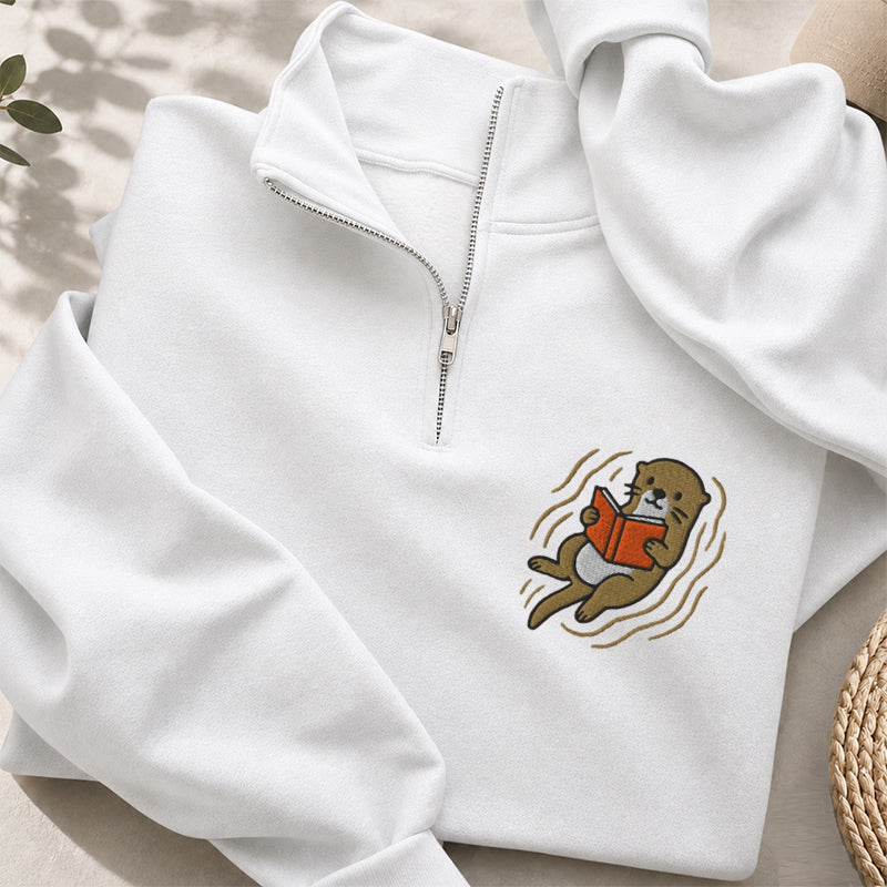Embroidered Reading Otter Classic Quarter Zip Sweatshirt