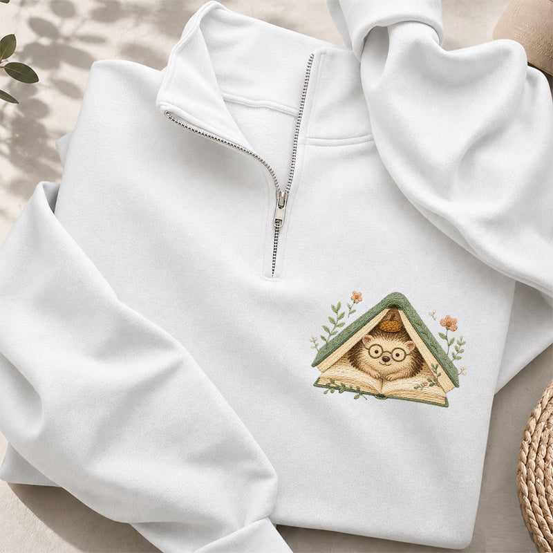 Embroidered Reading Hedgehog Classic Quarter Zip Sweatshirt