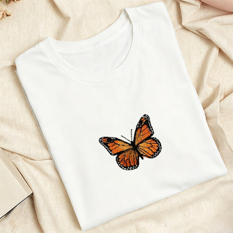 Embroidered Monarch Butterfly Classic Adult Unisex Crew Neck T-Shirt