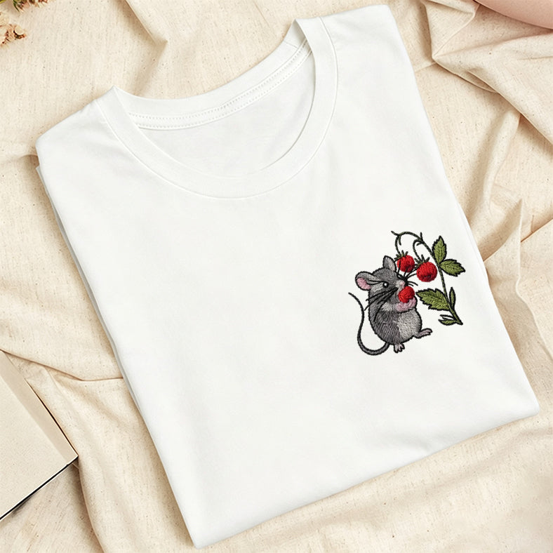 Embroidered Cottagecore Mouse Classic Adult Unisex Crew Neck T-Shirt