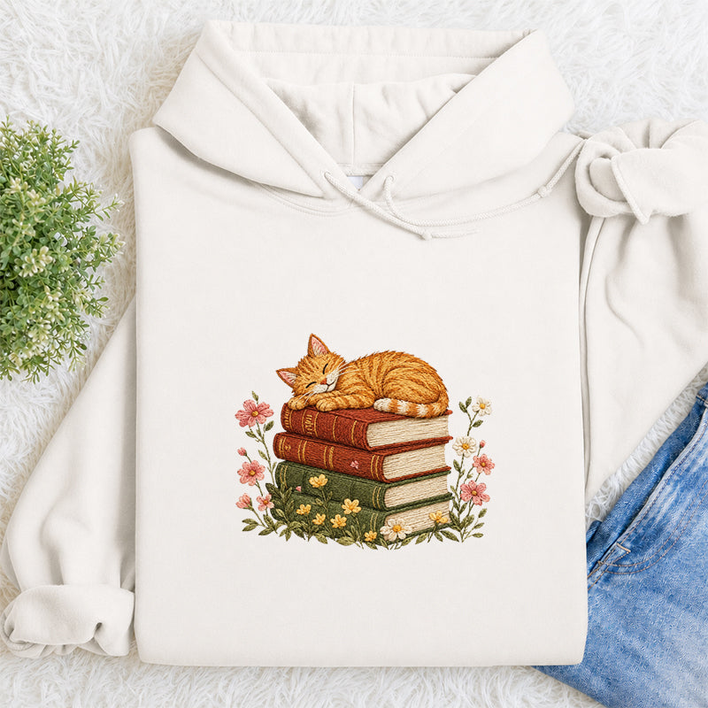 Embroidered Cat Sleeping On Books Classic Adult Unisex Hoodie