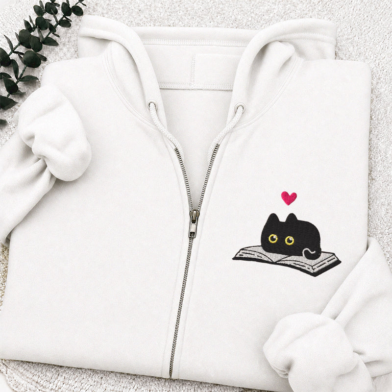 Embroidered Black Cat and Book Classic Adult Unisex Full Zip Hoodie