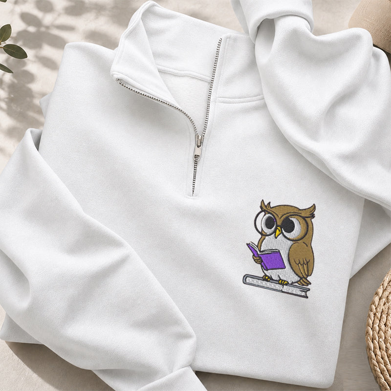 Embroidered Owl Reading Classic Quarter Zip Sweatshirt