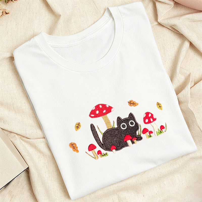 Embroidered Mushroom Cat Classic Adult Unisex Crew Neck T-Shirt