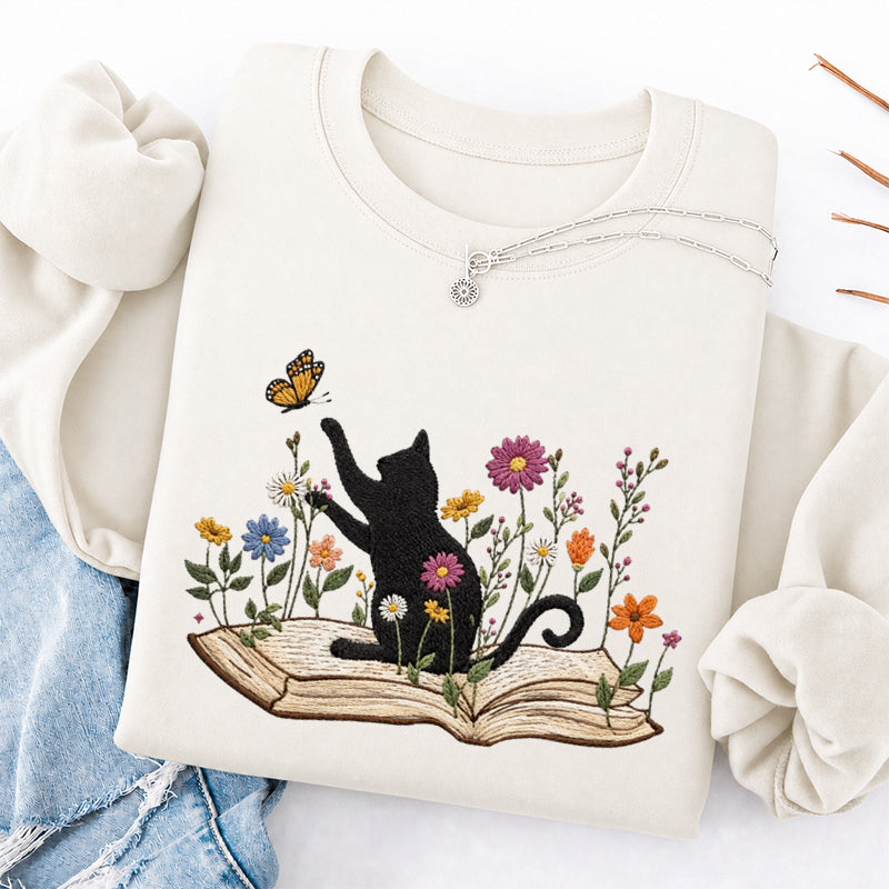 Embroidered Floral Book Cat Classic Crewneck Sweatshirt