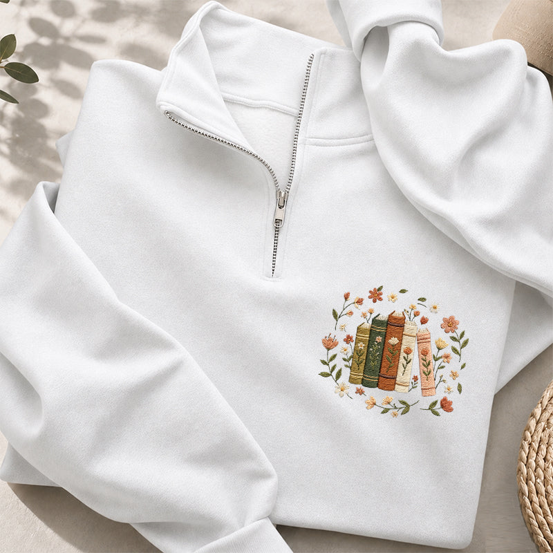 Embroidered Floral Book Stack Classic Quarter Zip Sweatshirt