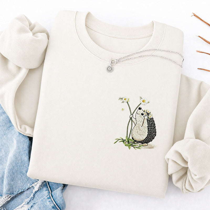 Embroidered Hedgehog Daisy Classic Crewneck Sweatshirt