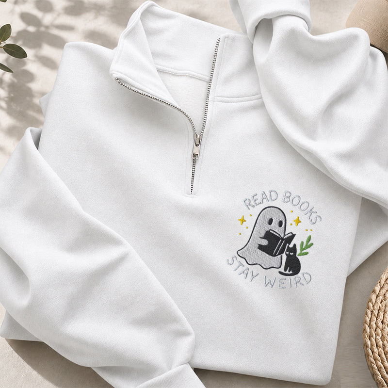 Embroidered Read Books Stay Weird Classic Quarter Zip Sweatshirt