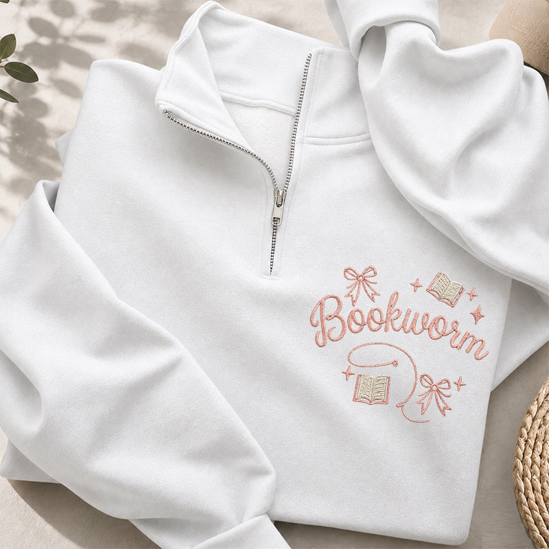 Embroidered Funny Bookworm Classic Quarter Zip Sweatshirt