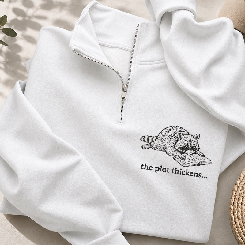 Embroidered The Plot Thickens Reading Raccoon Classic Quarter Zip Sweatshirt