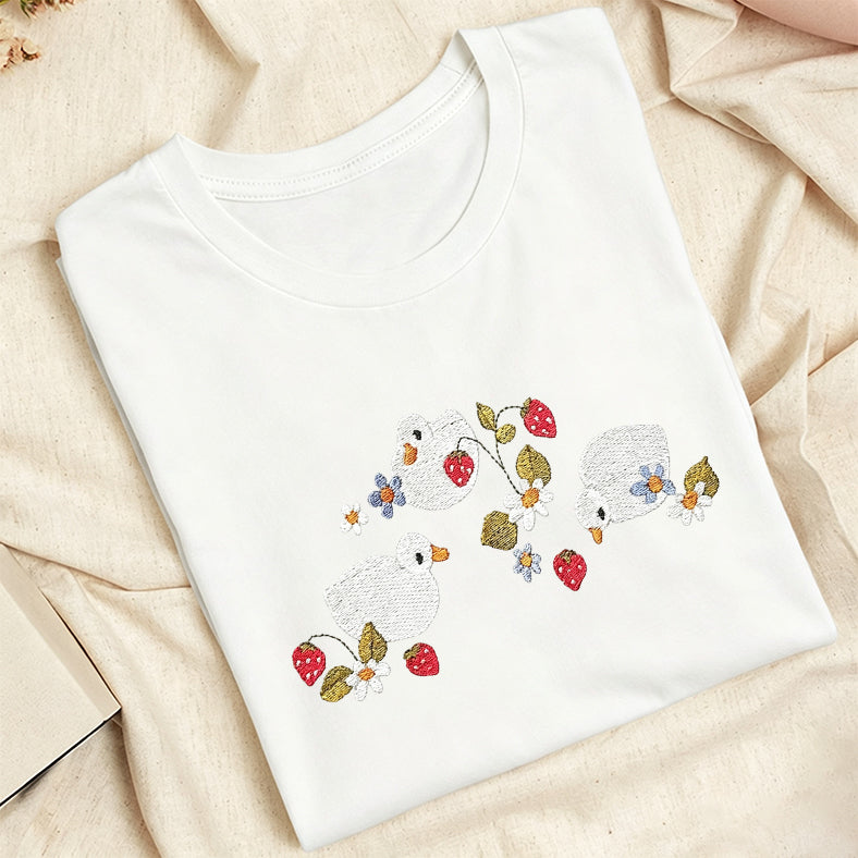 Embroidered Strawberry Duck Classic Adult Unisex Crew Neck T-Shirt