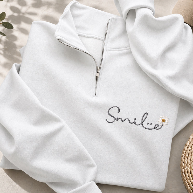 Embroidered Smile Daisy Classic Quarter Zip Sweatshirt