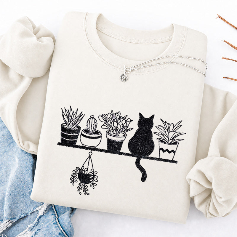 Embroidered Cats And Plants Classic Crewneck Sweatshirt
