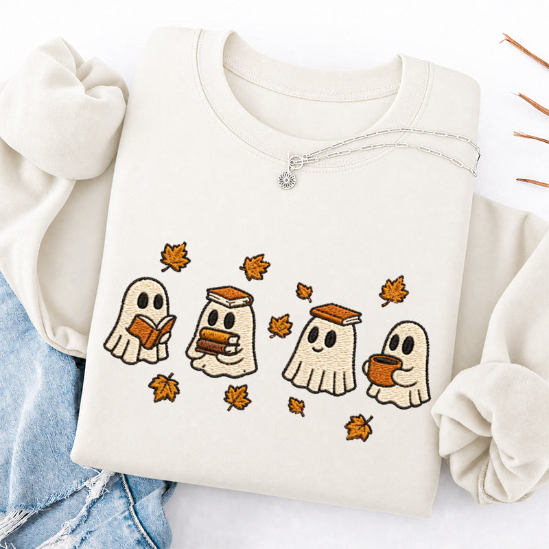 Embroidered Autumn Bookish Ghost Crewneck Sweatshirt