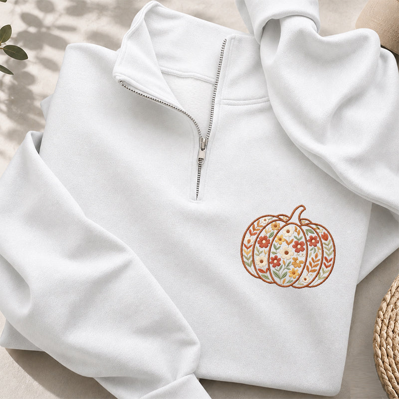 Embroidered Floral Pumpkin Classic Quarter Zip Sweatshirt