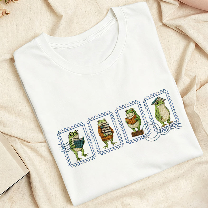 Embroidered Bookish Frog Stamp Classic Adult Unisex Crew Neck T-Shirt