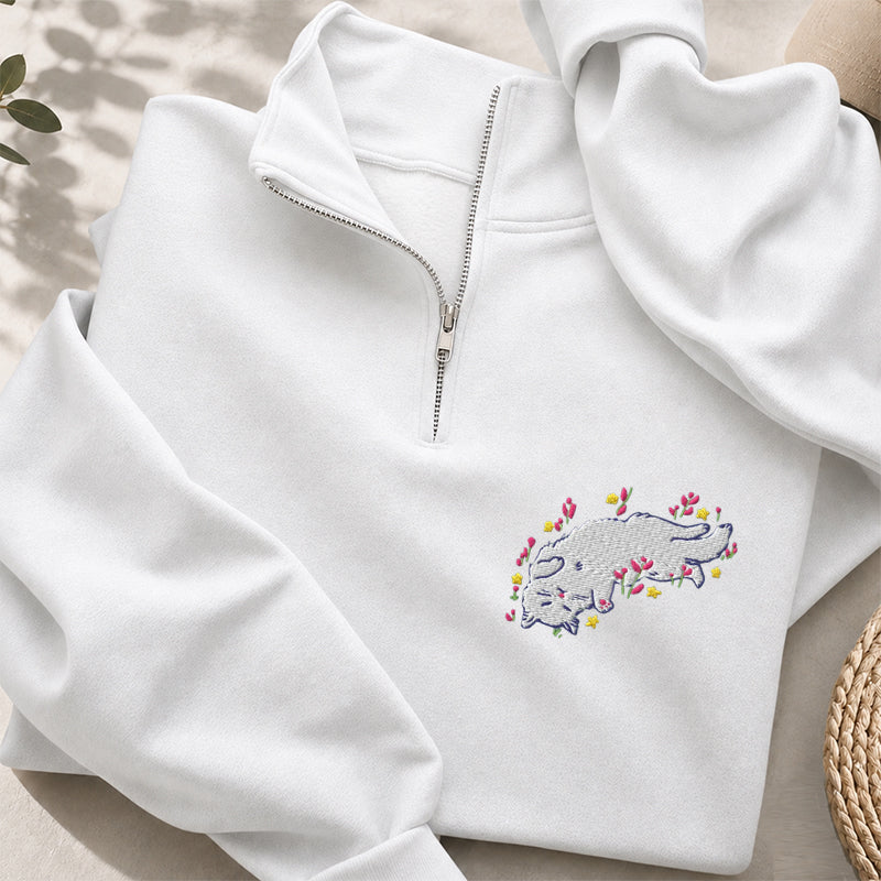 Embroidered Floral Playing Cat Classic Quarter Zip Sweatshirt