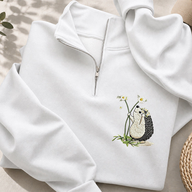 Embroidered Hedgehog Daisy Classic Quarter Zip Sweatshirt