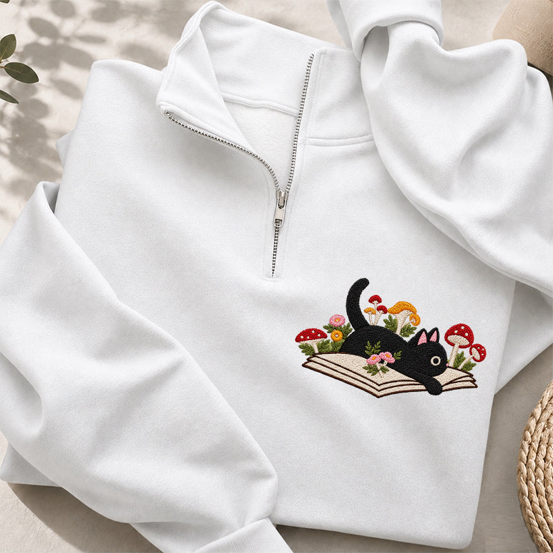 Embroidered Black Cat Mushroom Book Classic Quarter Zip Sweatshirt