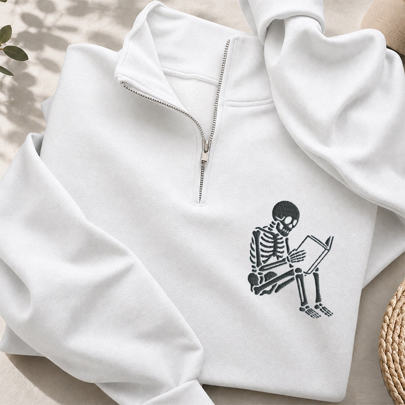 Embroidered Reading Skeleton Classic Quarter Zip Sweatshirt