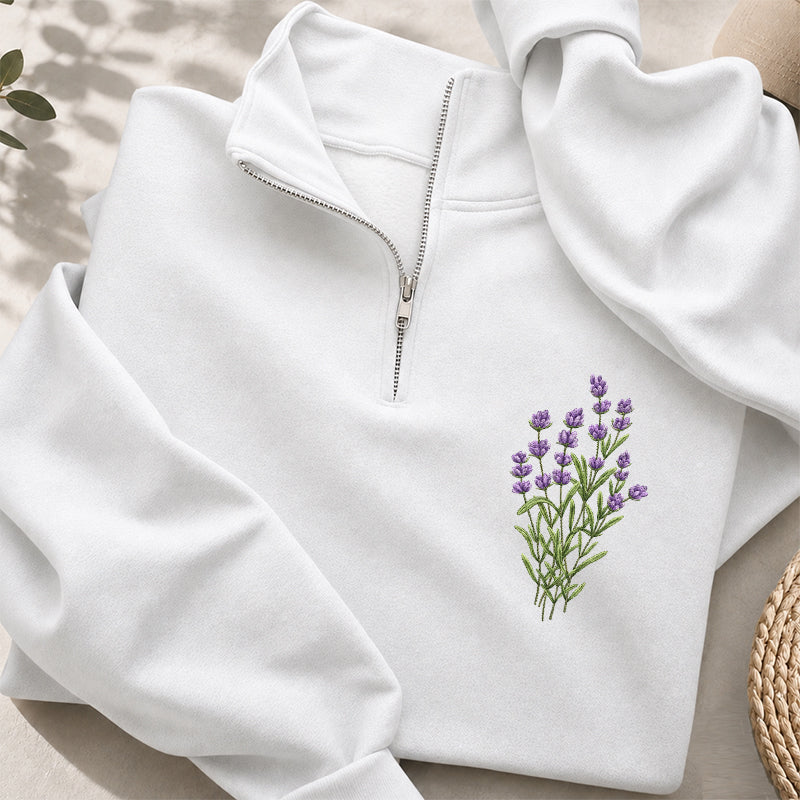 Embroidered Lilac Flower Classic Quarter Zip Sweatshirt