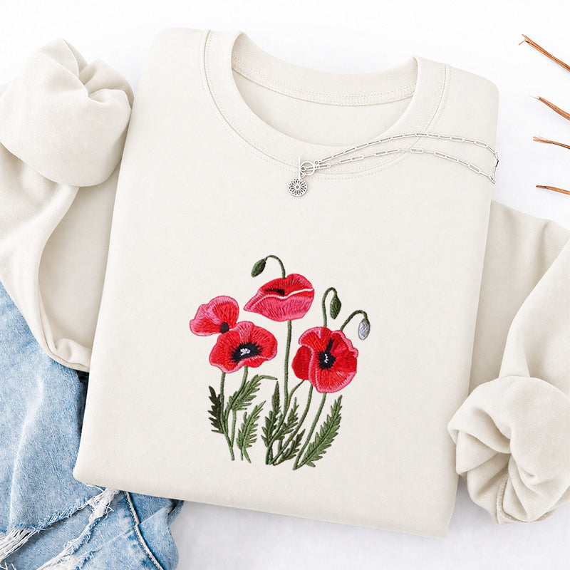 Embroidered Poppy Flower Classic Crewneck Sweatshirt