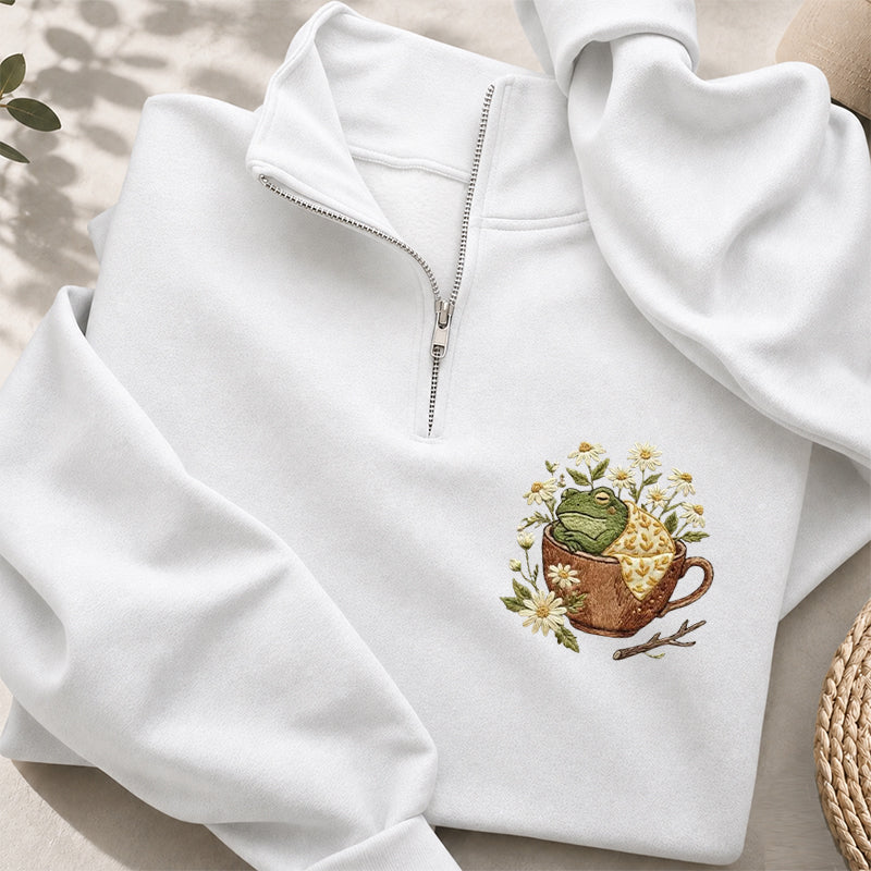 Embroidered Frog In Teacup Classic Quarter Zip Sweatshirt