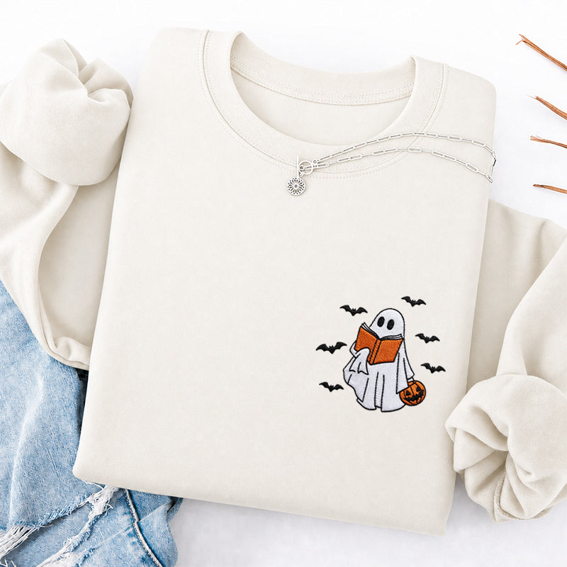 Embroidered Halloween Reading Ghost Classic Crewneck Sweatshirt