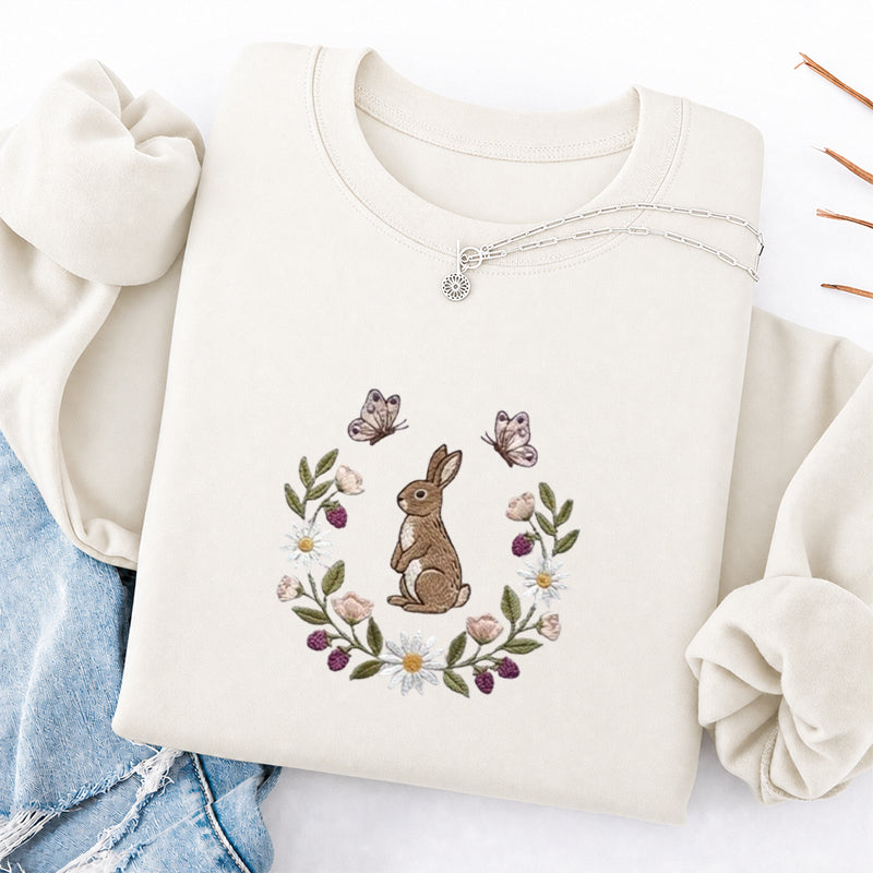 Embroidered Bunny Flower Classic Crewneck Sweatshirt