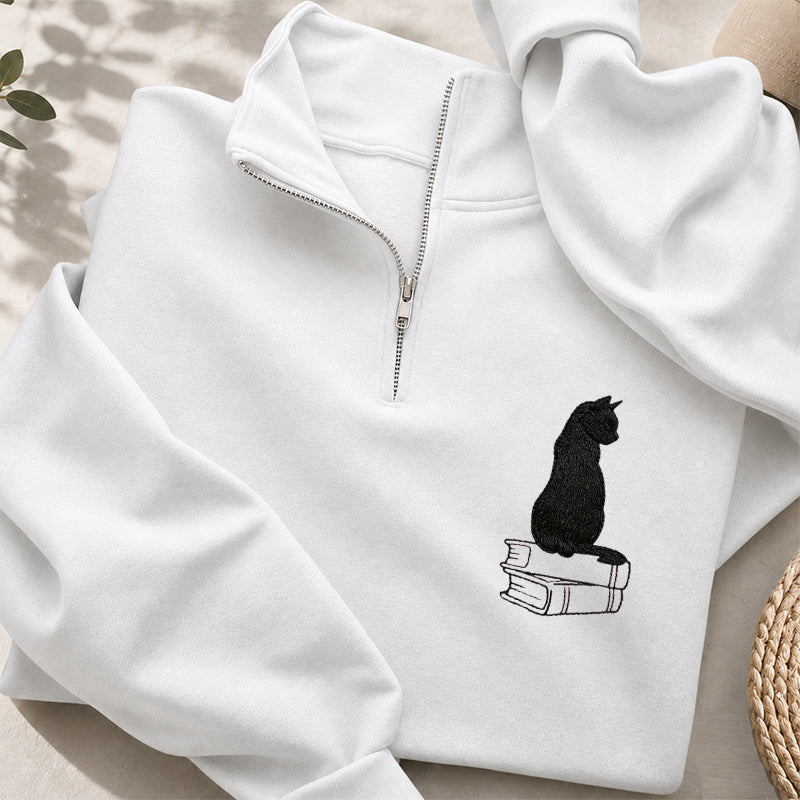 Embroidered Black Cat On Books Classic Quarter Zip Sweatshirt