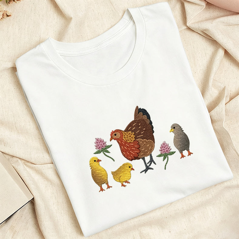 Embroidered Hen & Chicks Classic Adult Unisex Crew Neck T-Shirt