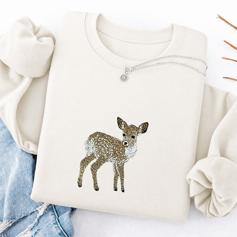 Embroidered Forest Deer Classic Crewneck Sweatshirt