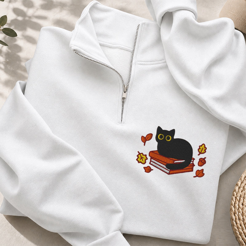 Embroidered Autumn Black Cat Book Classic Quarter Zip Sweatshirt