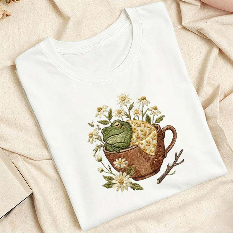 Embroidered Frog in Teacup Classic Adult Unisex Crew Neck T-Shirt