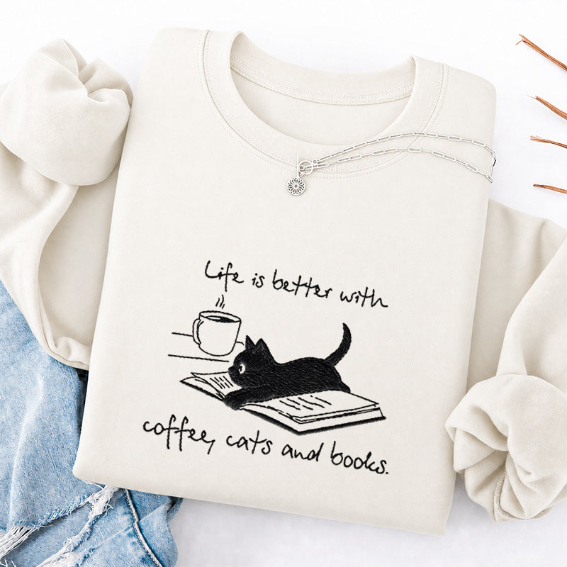Embroidered Life Is Better With Coffee Book Cat Classic Crewneck Sweatshirt