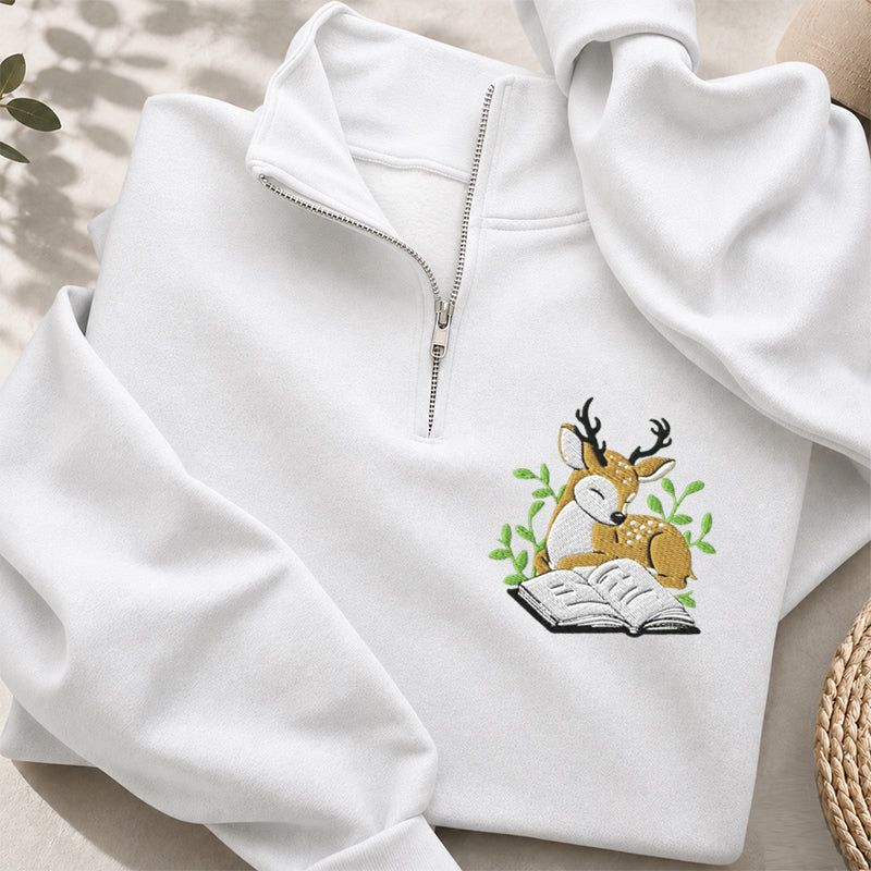 Embroidered Deer Book Classic Quarter Zip Sweatshirt
