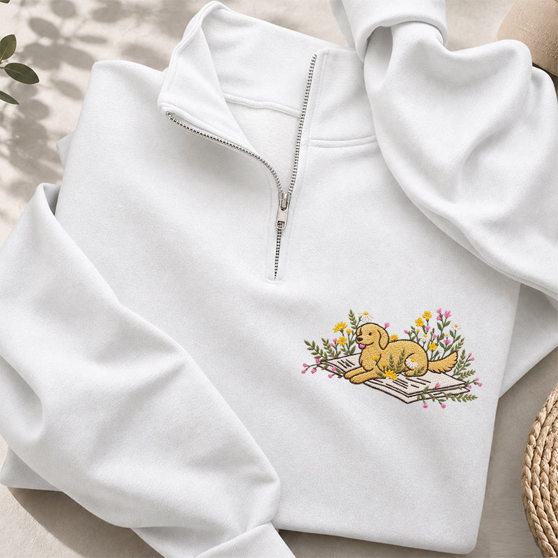 Embroidered Dog Lying On Book Classic Quarter Zip Sweatshirt