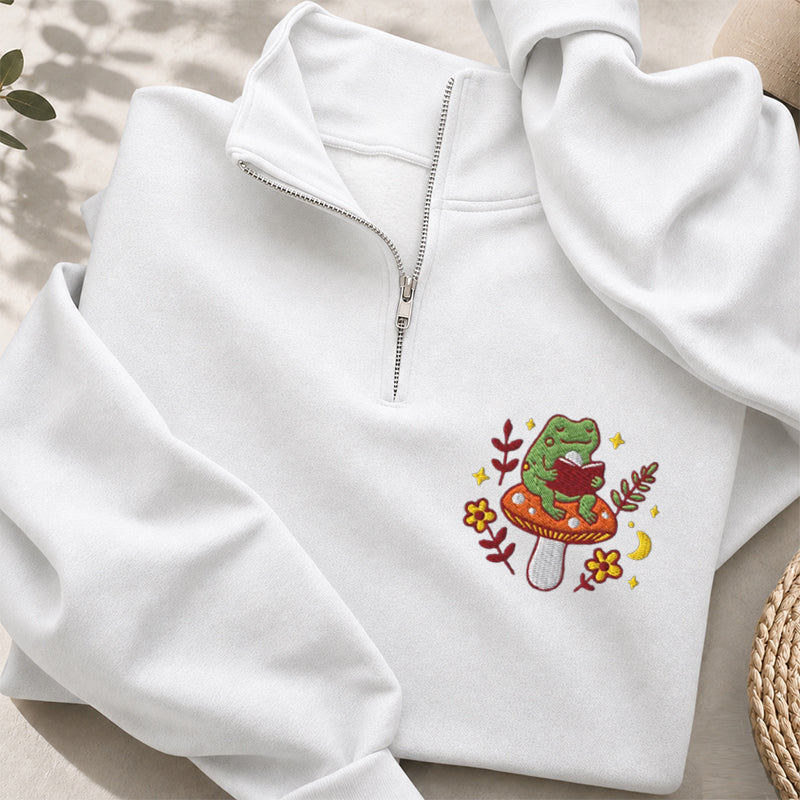 Embroidered Bookish Frog Classic Quarter Zip Sweatshirt