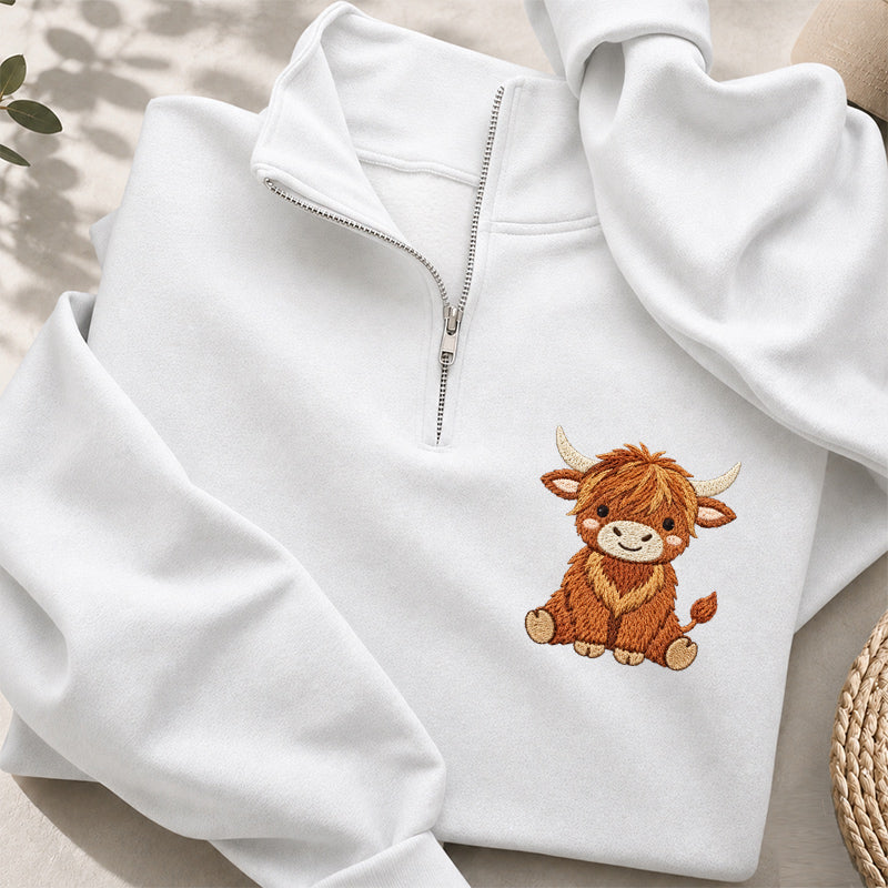 Embroidered Highland Cow Classic Quarter Zip Sweatshirt