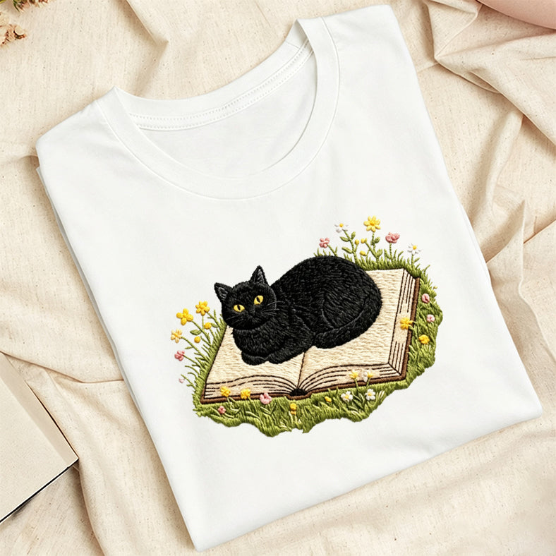 Embroidered Black Cat Book Classic Adult Unisex Crew Neck T-Shirt