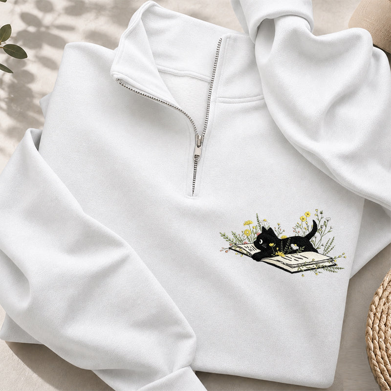 Embroidered Floral Book Cat Classic Quarter Zip Sweatshirt