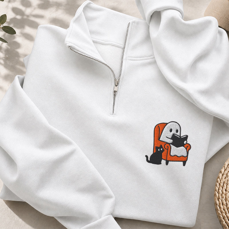 Embroidered Ghost Reading On Sofa Classic Quarter Zip Sweatshirt