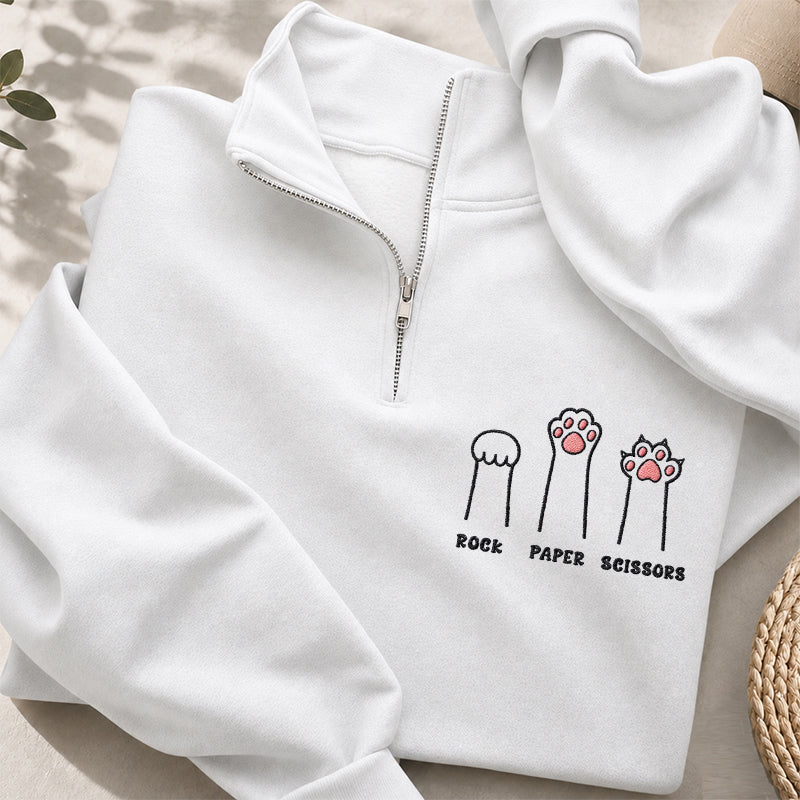 Embroidered Rock Paper Scissors Cat Paw Classic Quarter Zip Sweatshirt