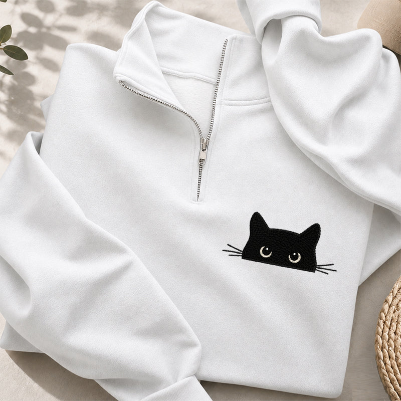 Embroidered Peeking Black Cat Classic Quarter Zip Sweatshirt