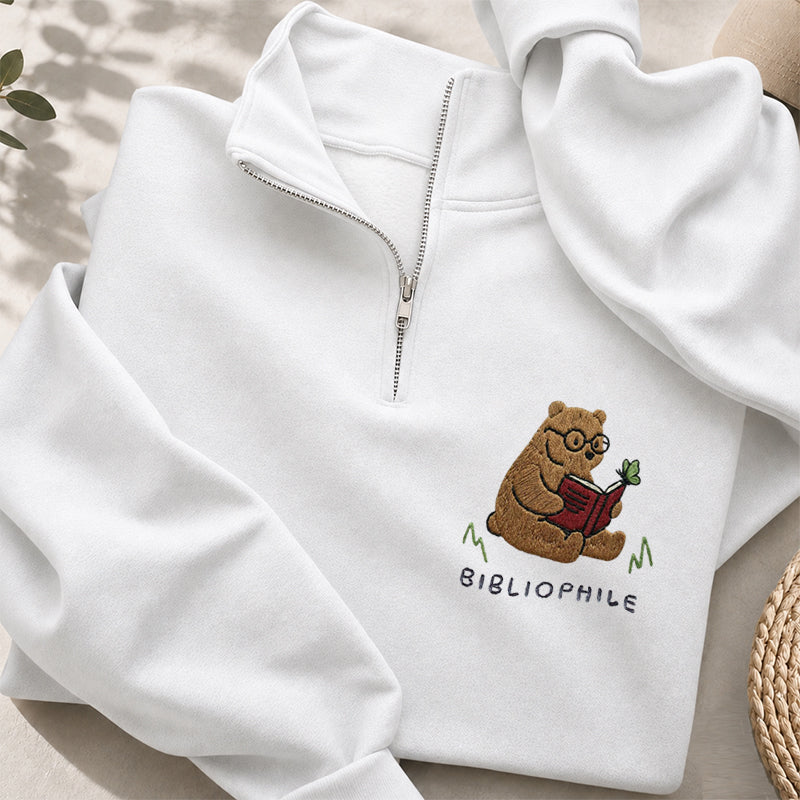 Embroidered Reading Bear Classic Quarter Zip Sweatshirt