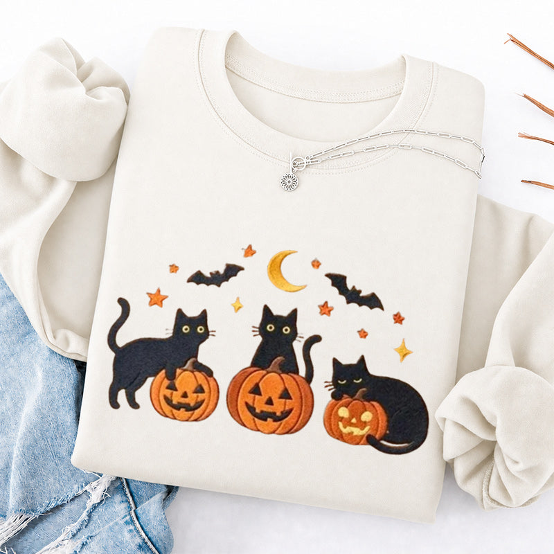 Embroidered Black Cats and Pumpkin Halloween Classic Crewneck Sweatshirts