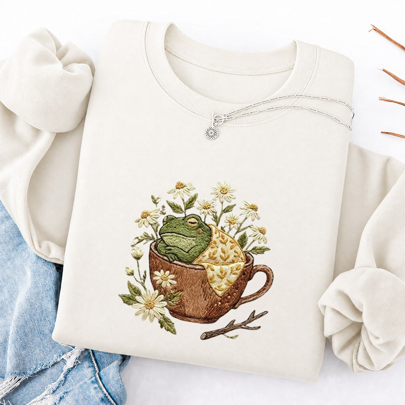 Embroidered Frog in Teacup Classic Crewneck Sweatshirt
