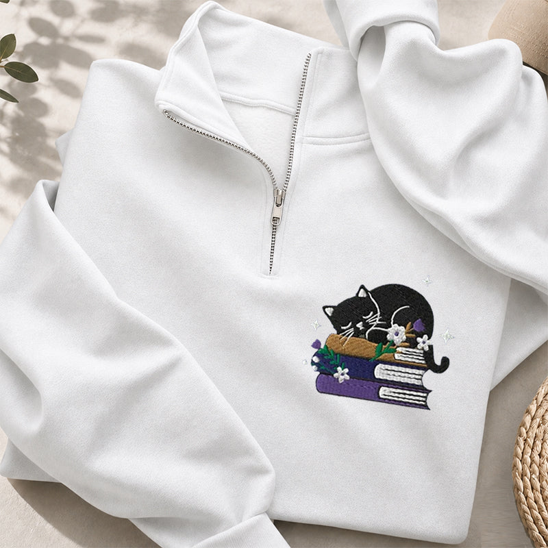 Embroidered Black Cat Floral Book Classic Quarter Zip Sweatshirt