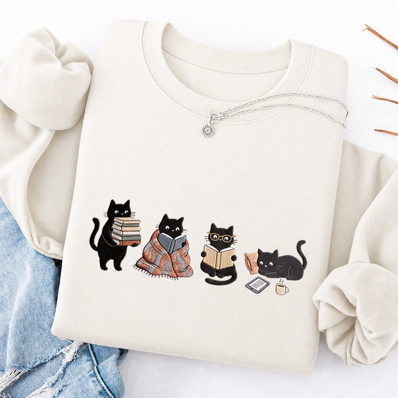 Embroidered Bookish Black Cats Classic Crewneck Sweatshirt